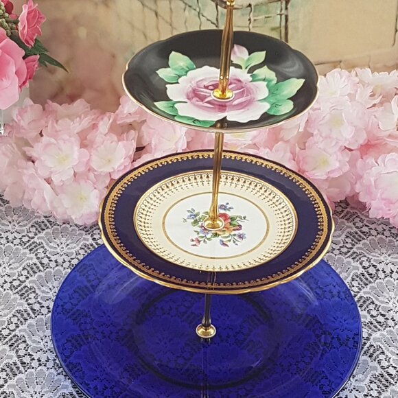 Handmade 3 Tier Blue Glass & Ceramic Cake Stand Housewarming Christmas Gift - Picture 1 of 11